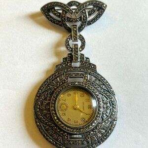 Vintage! WELSBRO Swiss 7 Jewels Sterling Silver Marcasite Watch Pin Brooch ~3"H
